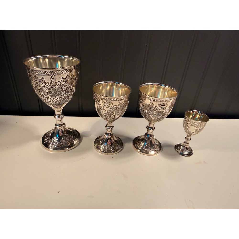 Vintage Silver Plated Embossed Floral Goblet Chalice Set 4 Piece Made in Japan